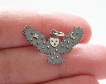 Sterling Silver Owl Charm: Bronze Star and Moon Pendant