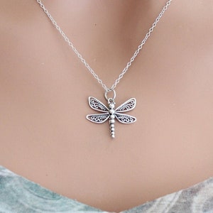 Sterling Silver Dragonfly with Filigree Wings Necklace, Sterling Silver Dragon Fly with Openwork Wings Necklace, Silver Dragonfly Charm