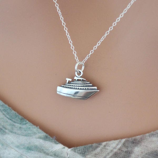 Sterling Silver Cruise Ship Pendant Necklace, Cruise Ship Necklace, Silver Cruise Ship Charm Necklace, Ship Necklace, Cruise Necklace