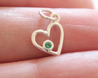 Sterling Silver Heart Charm: May Emerald Green Crystal Birthstone