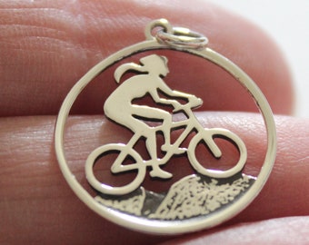 Sterling Silver Mountain Biker Girl Charm, Silver Mountain Biker Girl Charm, Mountain Biker Girl Pendant, Mountain Biker Girl Charm