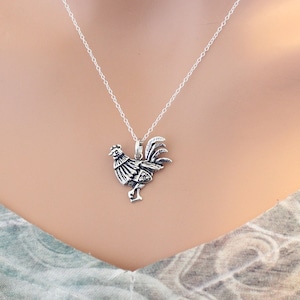 Sterling Silver Textured Rooster Charm Necklace, Rooster Necklace, Chicken Pendant Necklace, Realistic Rooster Necklace, Chicken Charm