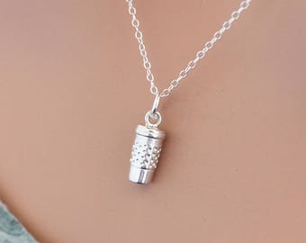 Sterling Silver Tiny Travel Coffee Cup Charm Necklace, Tiny Coffee To Go Charm Necklace, Travel Coffee Mug Charm Necklace, Tiny Coffee Mug