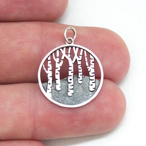 Sterling Silver Circular Birch Tree Forest Charm, Silver Circular Forest Birch Tree Forest Pendant, Circular Forest Birch Tree Forest Charm