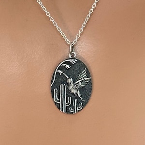 Sterling Silver Humming Bird and Cactus Pendant Necklace, Silver Humming Bird and Cactus Pendant Necklace, Humming Bird and Cactus Necklace