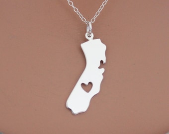 Sterling Silver California Charm with Heart Cutout -24mm Necklace, Silver California Charm with Heart Cutout Necklace, California Necklace