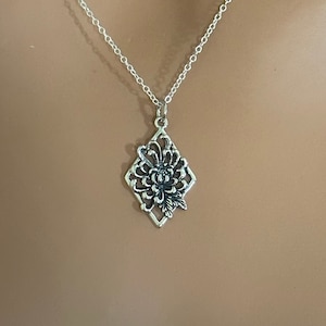 Sterling Silver Chrysanthemum Flower in a Diamond Shape Necklace, Chrysanthemum Charm in a Diamond Shape Necklace, Chrysanthemum Necklace