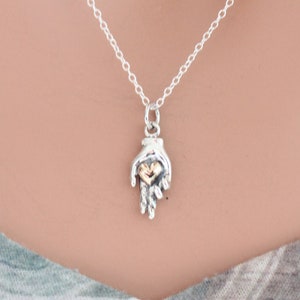 Sterling Silver Charm Hand Holding Bronze Heart Necklace, Hand Holding Bronze Heart Necklace, Hand Holding Bronze Heart Charm Necklace