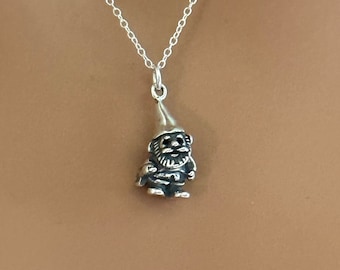 Sterling Silver Oxidized Garden Gnome Charm Necklace, Silver Garden Gnome Necklace, Garden Gnome Charm Necklace, Garden Gnome Necklace