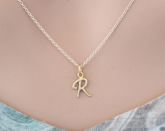 Gold Cursive R Initial Necklace, R Letter Necklace, Cursive R Initial Necklace, 24K Gold Plated R Letter Necklace, Gold R Letter Necklace