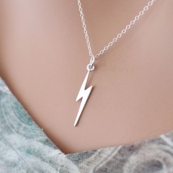 Sterling Silver Medium Lightning Bolt Charm Necklace, Lightning Bolt Necklace, Medium Bolt Necklace, Lightning Bolt Necklace