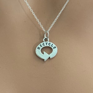 Sterling Silver Oxidized Recycle Necklace, Silver Oxidized Recycle Symbol with word Recycle Necklace, Silver Oxidized Recycle Necklace