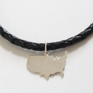 Leather Bracelet with Sterling Silver United States Charm, United States Charm Bracelet, USA Charm Bracelet, USA Bracelet, USA Pendant