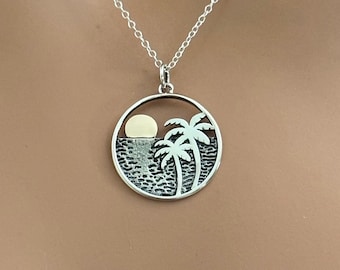 Sterling Silver Palm Tree Pendant with Bronze Sun Necklace, Palm Tree Pendant with Bronze Sun Necklace, Ocean Charm with Sun Necklace