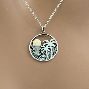 Sterling Silver Palm Tree Pendant with Bronze Sun Necklace, Palm Tree Pendant with Bronze Sun Necklace, Ocean Charm with Sun Necklace