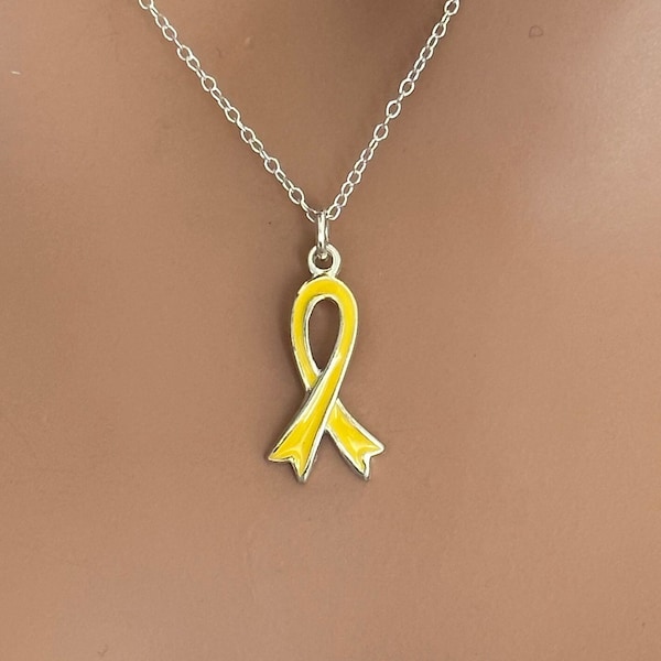 Sterling Silver Military Awareness Yellow Ribbon Necklace, Sterling Silver Yellow Ribbon for Military Necklace, Yellow Ribbon Necklace