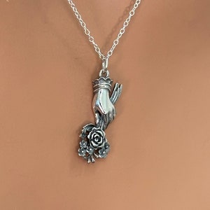 Sterling Silver Hand Holding Flower Bouquet Charm Necklace, Silver Hand Holding Flower Bouquet Necklace,Hand Holding Flower Bouquet Necklace