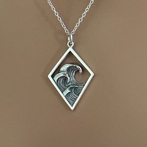 Sterling Silver Three Waves in A Diamond Shape Pendant Necklace, Silver Three Waves in a Diamond Shape Charm Necklace, 3 Waves Necklace