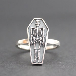 Sterling Silver Skeleton Coffin Ring, Sterling Silver Skeleton in Coffin Ring, Silver Skeleton Coffin Ring, Silver Halloween Skeleton Ring