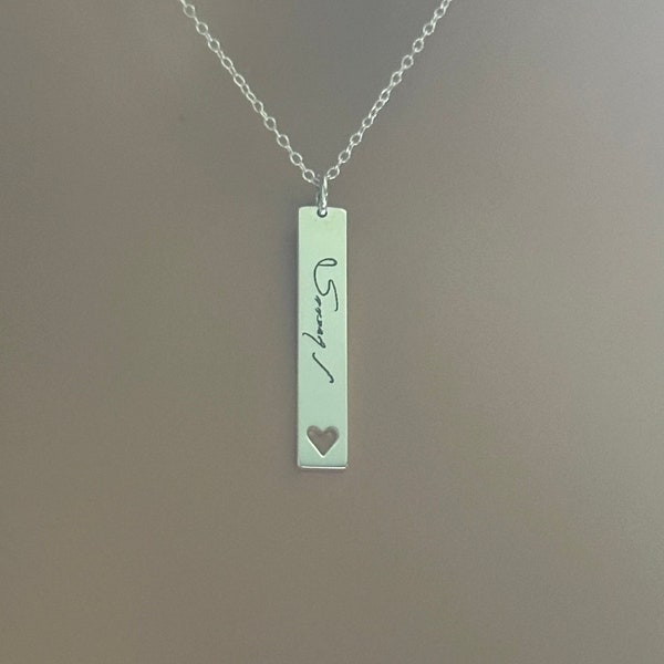 PERSONALIZED HANDWRITING NECKLACE - Sterling Silver Vertical Heartbeat Necklace with Heart Cutout and Engraving of  Custom Handwriting