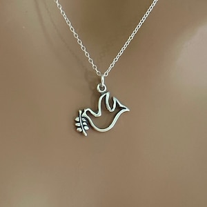 Sterling Silver Dove with Olive Branch Necklace, Sterling Silver Dove with Olive Branch Charm Necklace, Silver Peace Dove Charm Necklace