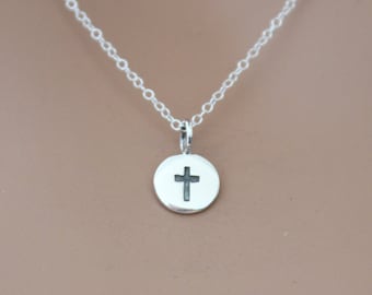 Sterling Silver Cross Charm on a Disk Necklace, Silver Cross Circle Charm Necklace, Beautiful Small Cross Charm Necklace, Cross Necklace