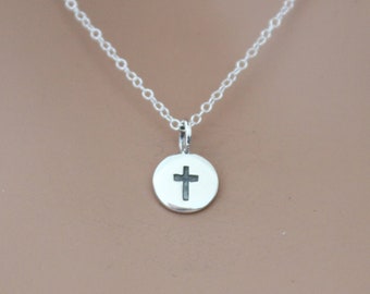 Sterling Silver Cross Charm on a Disk Necklace, Silver Cross Circle Charm Necklace, Beautiful Small Cross Charm Necklace, Cross Necklace