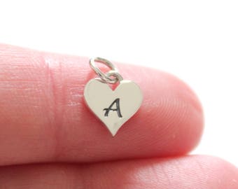 Sterling Silver Heart Charm: Tiny Stamped Initial A