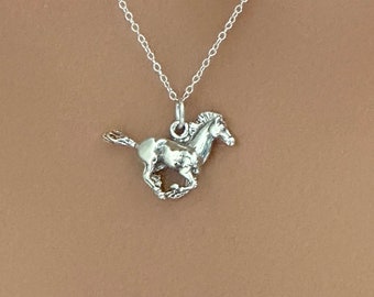 Sterling Silver Oxidized Galloping Horse Necklace, Sterling Silver 3D Galloping Horse Charm Necklace, Silver 3D Galloping Horse Necklace