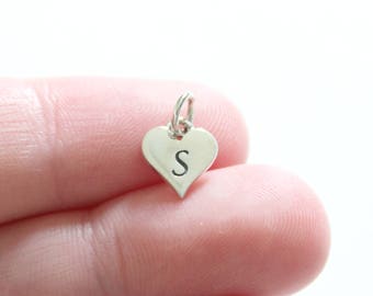 Sterling Silver S Initial Heart Charm: Stamped Tiny Letter