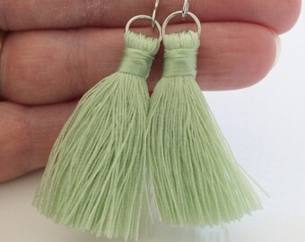 Light Green Faux Silk Tassel Earrings: Sterling Silver Hooks