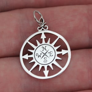 Sterling Silver Compass Rose Charm Necklace, Sterling Silver Compass Rose Pendant Necklace, Silver Compass Rose Necklace, Compass Necklace