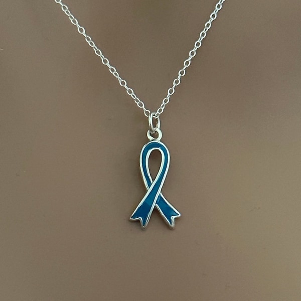 Sterling Silver Teal Ovarian Cancer Awareness Ribbon Necklace, Silver Teal Ovarian Cancer Awareness Ribbon Necklace, Teal Ribbon Necklace