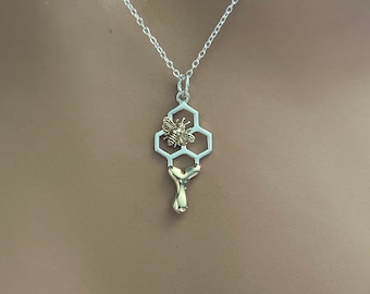 Sterling Silver Honeycomb Bee Necklace, Bronze Bee and Honey