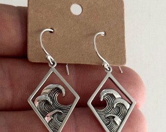 Sterling Silver Three Ocean Wave Dangle Earrings, Silver Ocean Wave Dangle Earrings, Three Ocean Wave Dangle Earrings, Ocean Wave Earrings