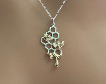 Sterling Silver Honeycomb Pendant Necklace with Dripping Honey