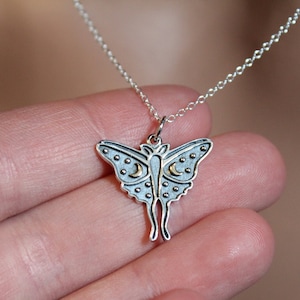 Sterling Silver Luna Moth Charm with Bronze Moons Necklace, Silver Luna Moth Charm with Bronze Moons Necklace, Luna Moth Charm Necklace