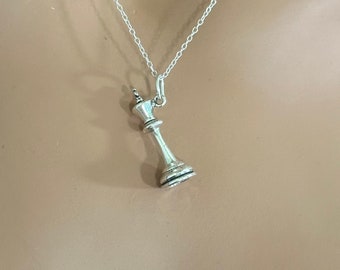 Sterling Silver 3D Queen Chess Piece Necklace