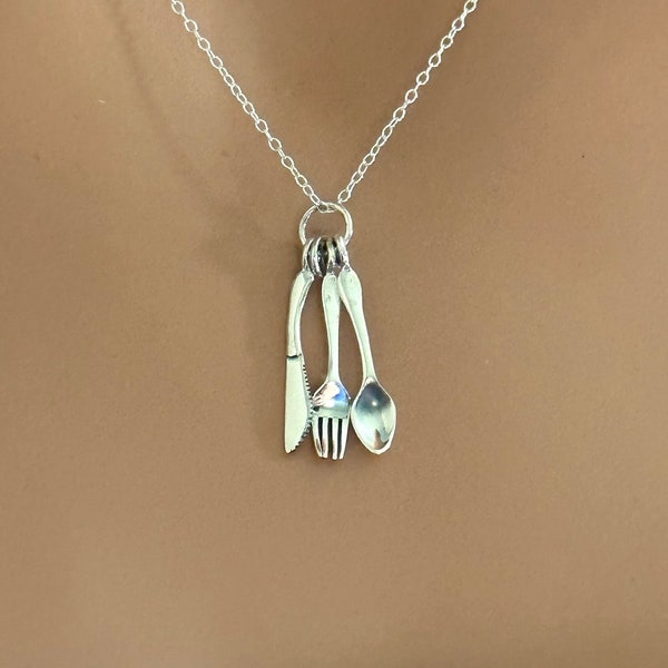 Sterling Silver Cutlery Necklace, Silver Spoon, Fork and Knife Necklace, Silver Cutlery Necklace, Cutlery Fork, Knife and Spoon Necklace