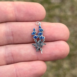 Sterling Silver Bluebonnet Flower Charm with Enamel