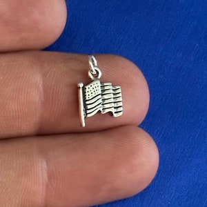 Sterling Silver Small Oxidized American Flag Charm, Silver Small Oxidized American Flag Pendant, Small Oxidized American Flag Pendant