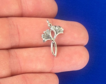 Sterling Silver Two Ginkgo Leaves Charm, Sterling Silver Two Ginkgo Leaves Pendant, Silver Two Ginkgo Charm, Silver Two Ginkgo Pendant