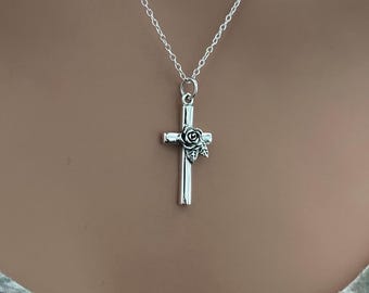 Sterling Silver Cross Necklace with Rose Flowers