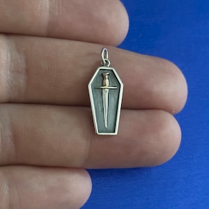 Sterling Silver Coffin Pendant with Mixed Metal Sword Charm, Silver Coffin Charm with Mixed Metal Sword Pendant, Mixed Metal Sword Pendant