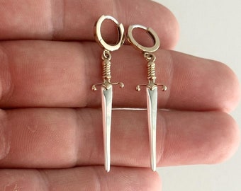 Sterling Silver Sword Dangle Earrings with Bronze Hoops