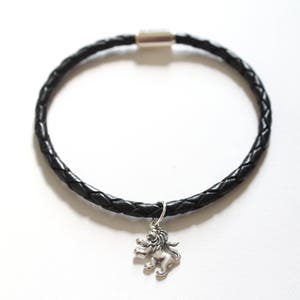 Leather Bracelet with Sterling Silver Lion Charm, Lion Bracelet, Lion Charm Bracelet, Silver Lion Bracelet, Realistic Lion Charm Bracelet