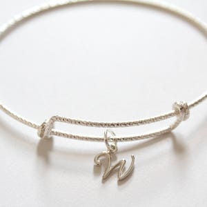 Sterling Silver Bracelet with Sterling Silver Cursive W Charm, Sterling Silver Cursive W Charm Bracelet, Leather W Charm Bracelet, W Charm