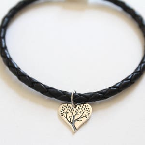 Leather Bracelet with Sterling Silver Family Tree Heart Charm, Family Tree Bracelet, Family Tree Heart Charm Bracelet, Tree of Life Bracelet