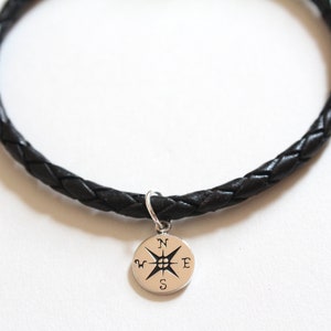 Leather Bracelet with Sterling Silver Tiny Compass Charm, Compass Charm Bracelet, Compass Bracelet, Tiny Compass Charm Bracelet, Travel
