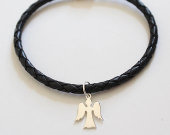 Sterling Silver Angel Charm Bracelet: Black Braided Leather